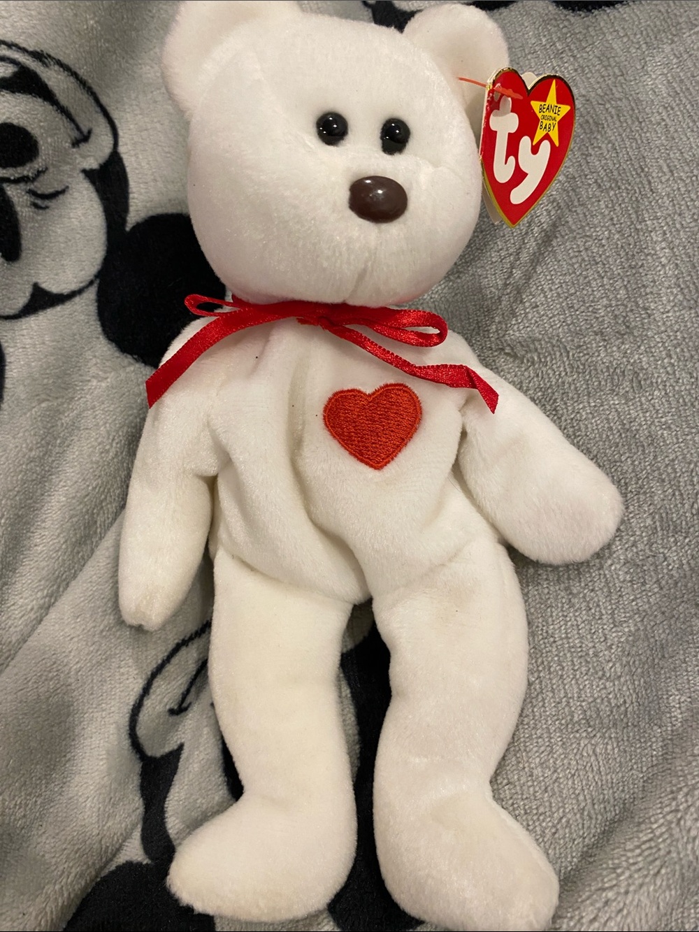 Ty White Bear Plush with Red Heart and Red Ribbon